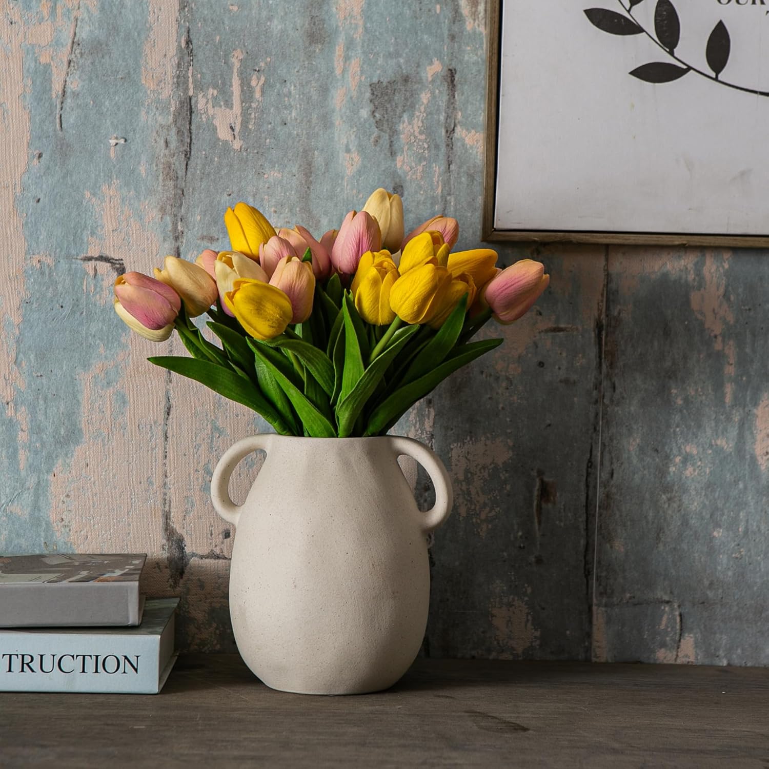 Off-White Ceramic Vase with 2 Handles, Sandstone Texture for Modern Farmhouse Decor, Rustic Pottery, Decorative Flower Vase, Clay Small Vase, Centerpiece for Dining Table - 7 Inch Tall - Image 5