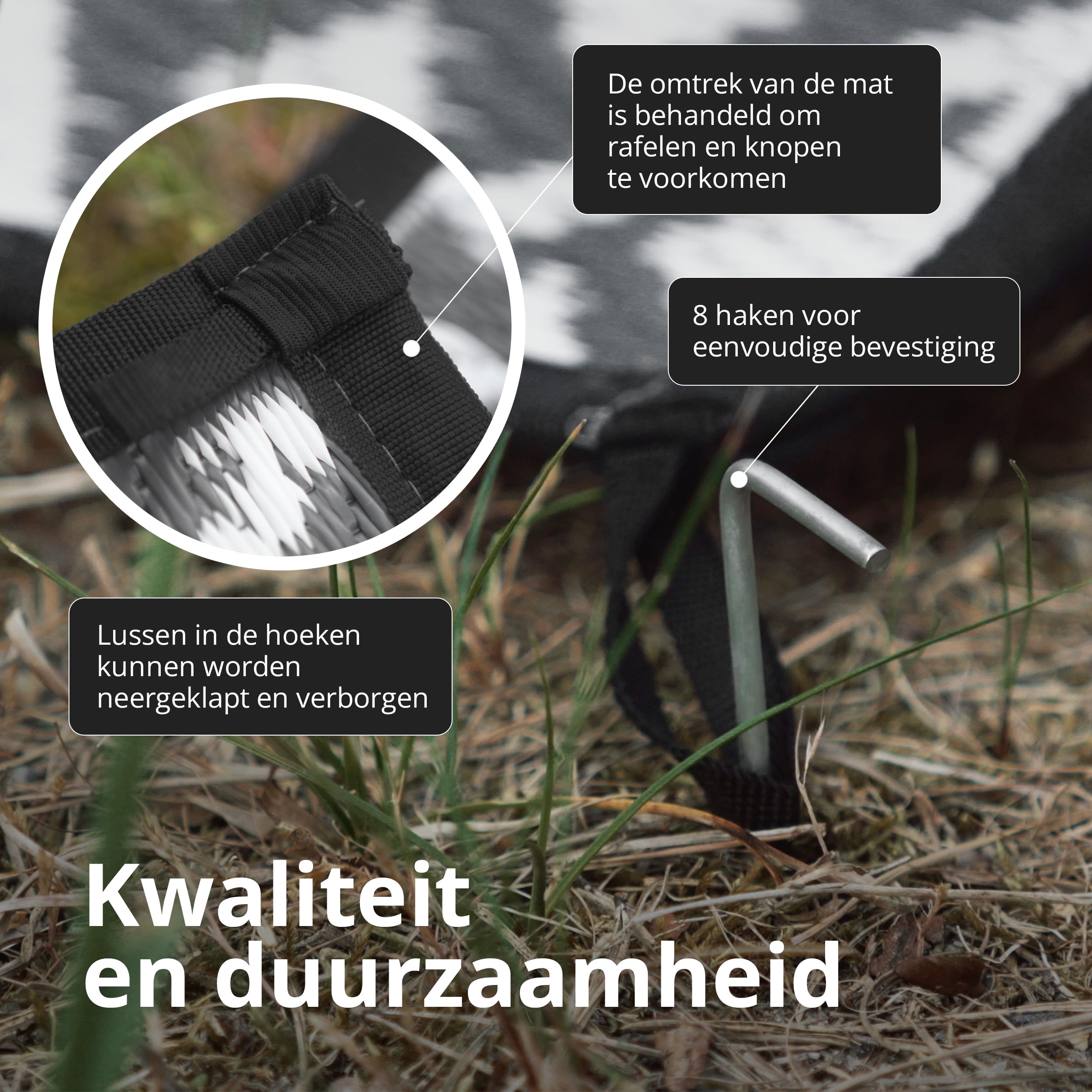 EVOCAMP Outdoor Tapijt, Rond, 240 Cm, Kunststof Weerbestendig En Licht Picknickdeken Voor Buiten Voortenttapijt Van Kunststofvezels Zwart Wit 2372572475