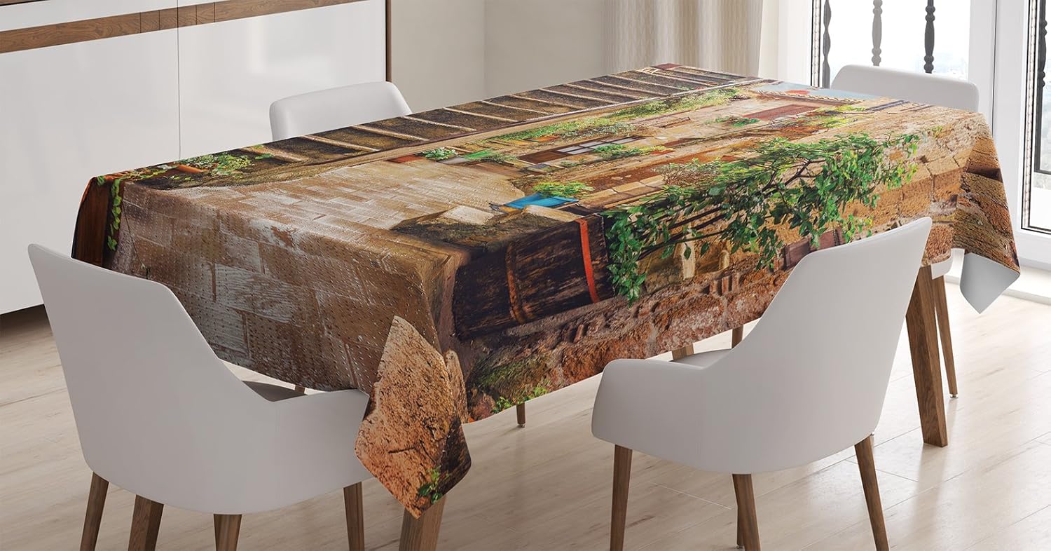 Ambesonne Italian Tablecloth, View of Old Mediterranean Street with Stone Rock Houses in Italian City Rural Print, Dining Room Kitchen Rectangular Table Cover, 52" X 70", Stone Green 52" X 70" Stone Green