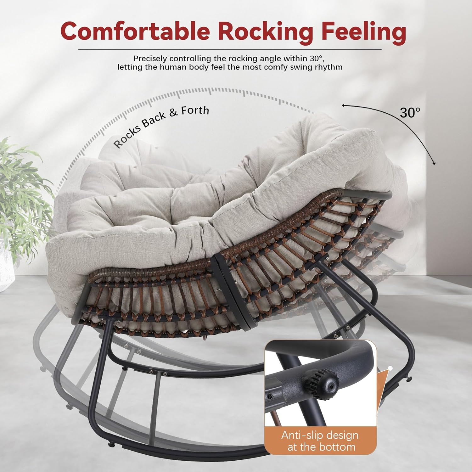 Rocking Papasan Chair, Oversized Outdoor Rocking Chair Rattan Rocking Chair with Deep Seat Thick Cushion, Patio Rocking Chair for Indoor/Porch/Garden (Beige & Black), Spring, 2026