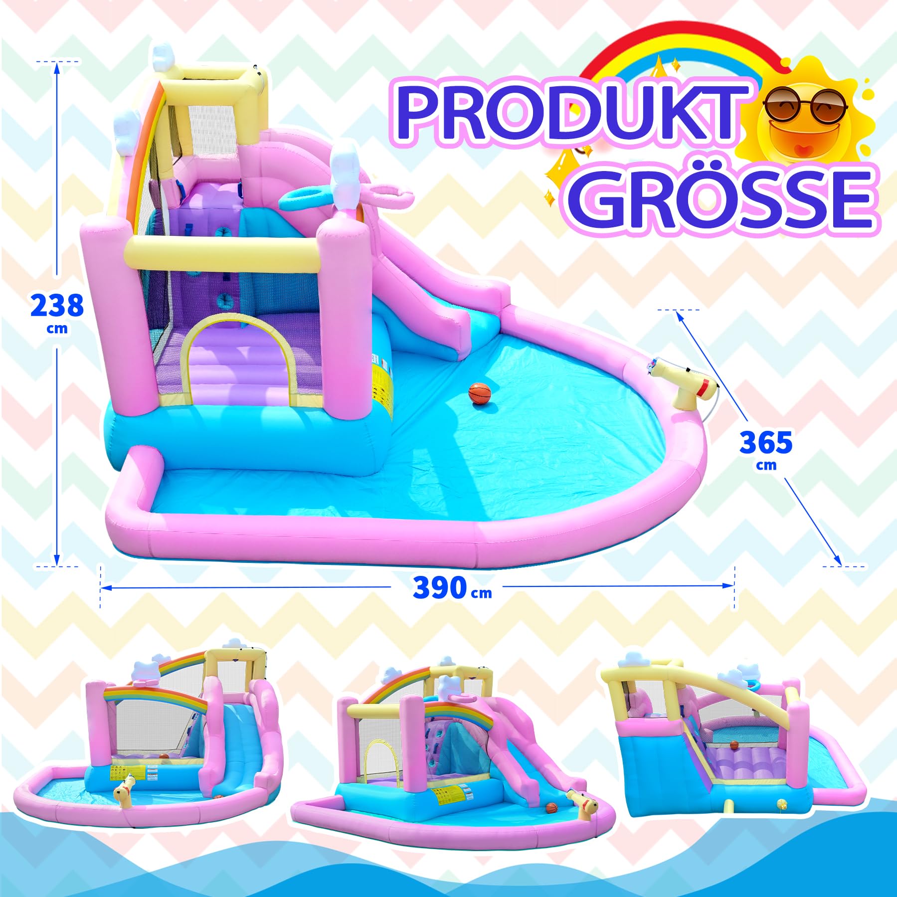 Castillo hinchable hinchable con tobogán de agua, pared de escalada, canasta de baloncesto y piscina infantil, incluye soplador, exterior para niños, ideal para jardín, 365 x 390 x 238 cm