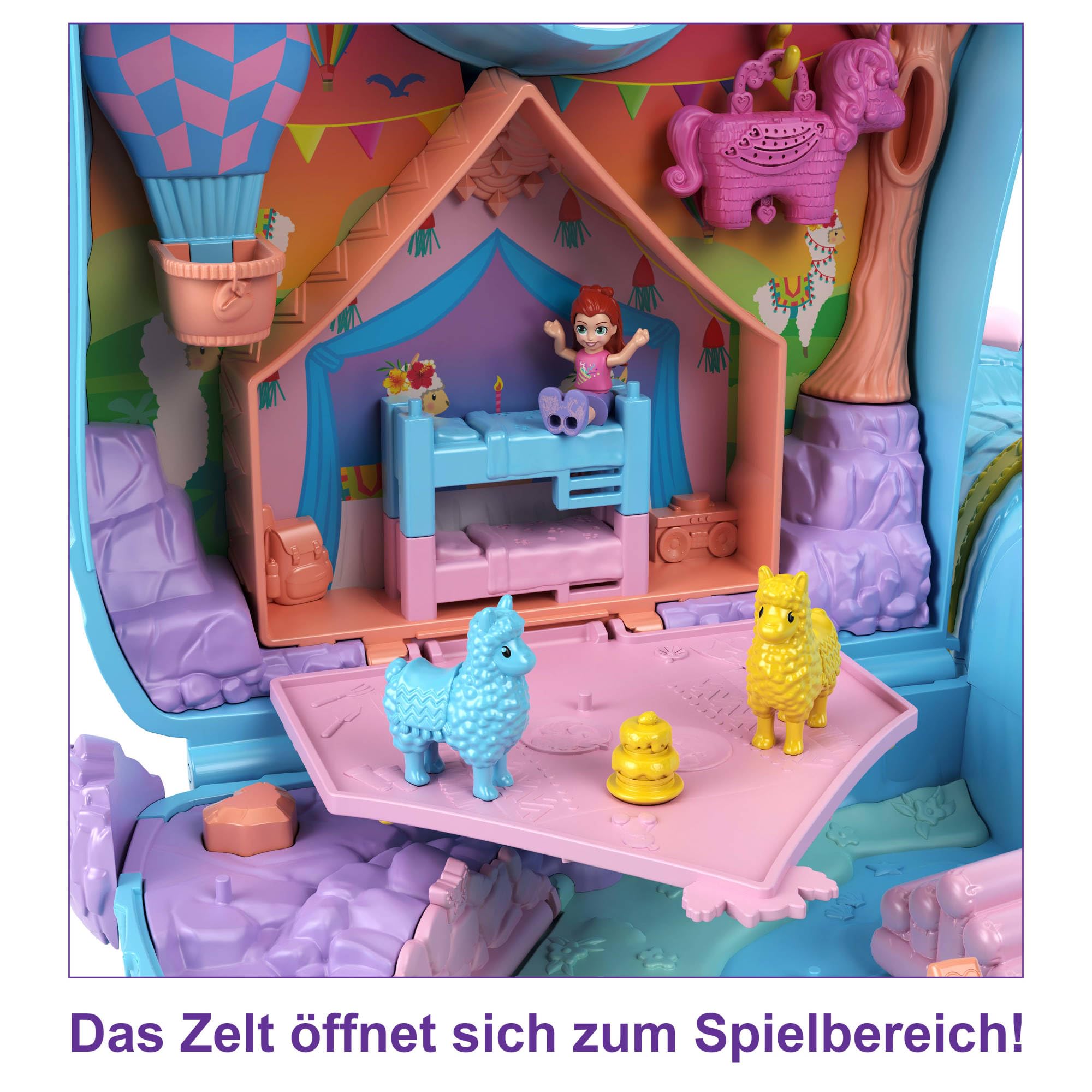 Polly Pocket Schatulle, Lama im Pyjama Party Thema, mit 25 Zubehörteilen wie 2 Puppen und 2 Lamas, interaktive Elemente für intensives Spielen, Spielzeug ab 4 Jahre, HHX74