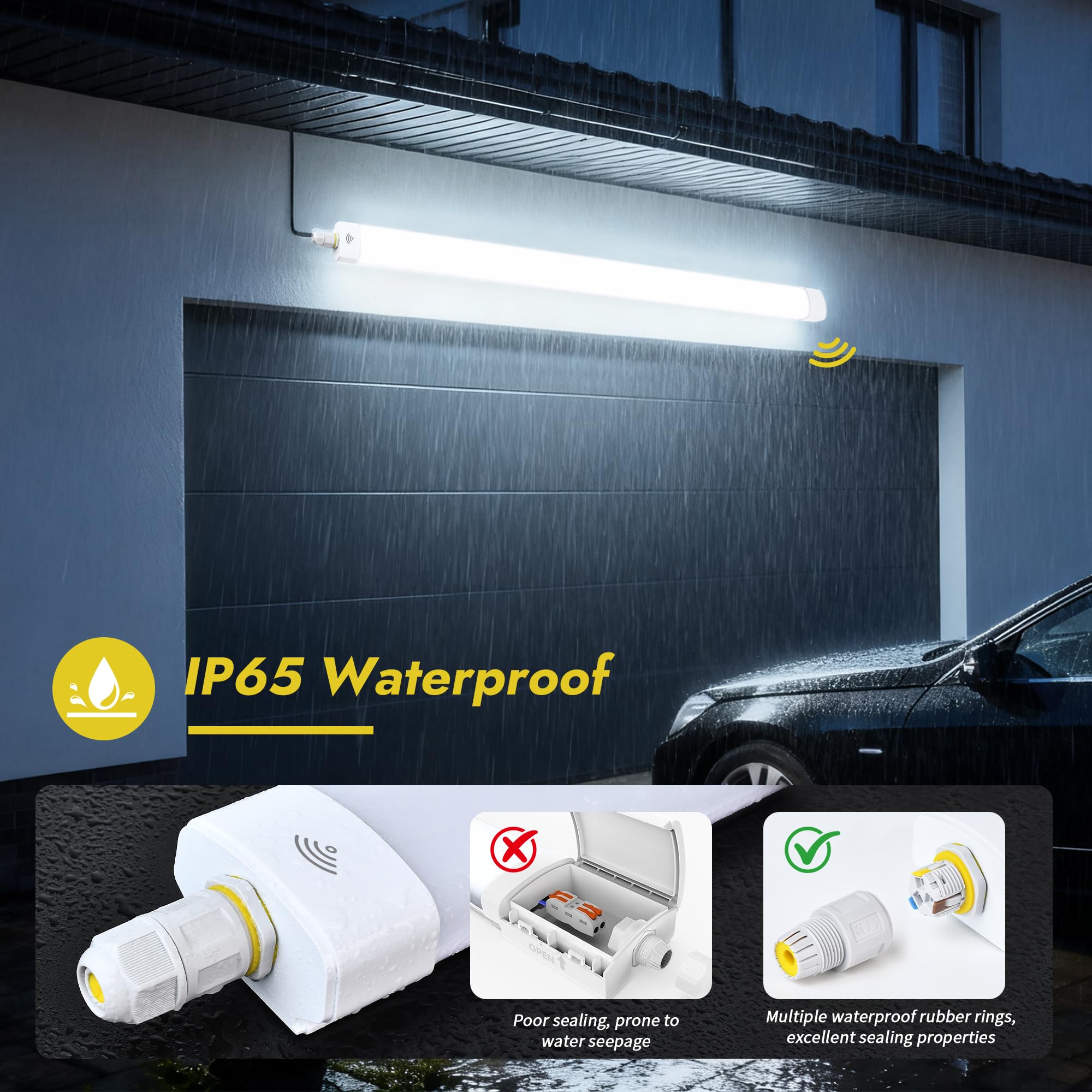 GeyouLux Réglette LED 150 cm avec détecteur de mouvement, 60W 7560 lm 5000K IP65 Étanche, Neon LED garage avec mise à la terre, 240 LEDs sans scintillement, Tube pour garage atelier carport, Blanc