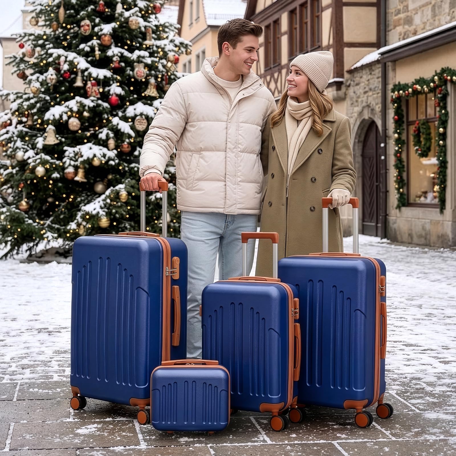 LEADZM Koffer Set 4 teilig Hartschale mit Kosmetikkoffer, Kofferset aus ABS, Reisekoffer mit Rollen Groß, Handgepäck, Hartschalenkoffer Set, Koffer & Trolleys (Navy-Braun)