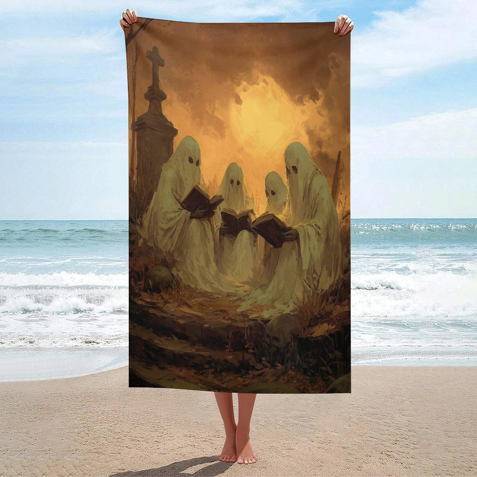 LSRCPD Four Cute Ghosts Reading Books on Graveyard Beach Towel Sand Free Microfiber Large Shower Towels Multipurpose Absorbent for Bathroom Pool 130x80 CM