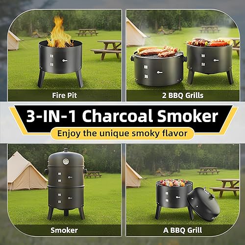 Miniatura 3 de Ahumador de carbón de 16 pulgadas, parrilla 3 en 1 para ahumar carne con termómetro y estantes de cocción duales, ahumador portátil para barbacoa al