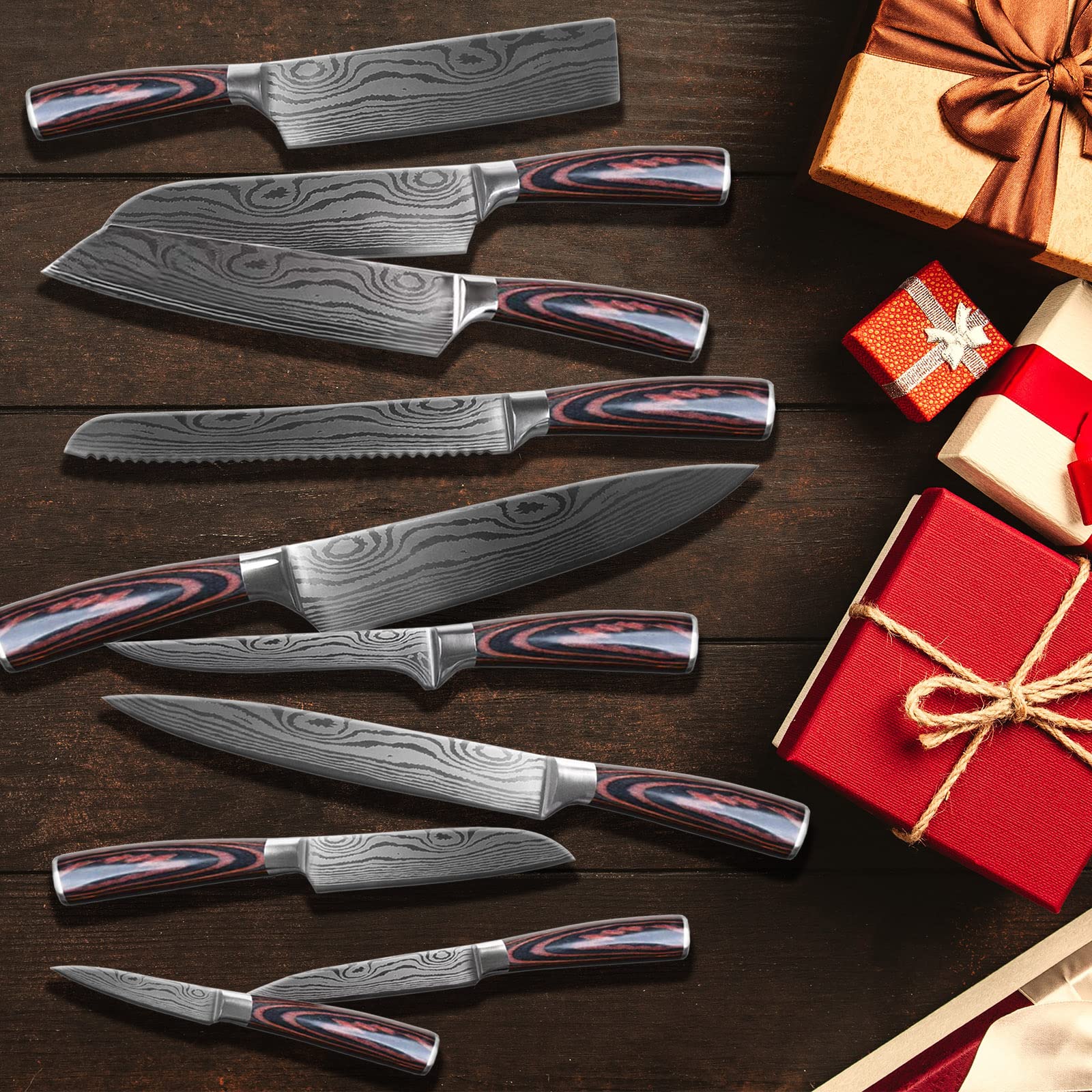 Couteau Cuisine 10 Pièces Couteaux de Cuisine Ultra Sharp, avec Poignée Ergonomique Anti Dérapante, Idéal pour la Cuisine à Domicile et Restaurant