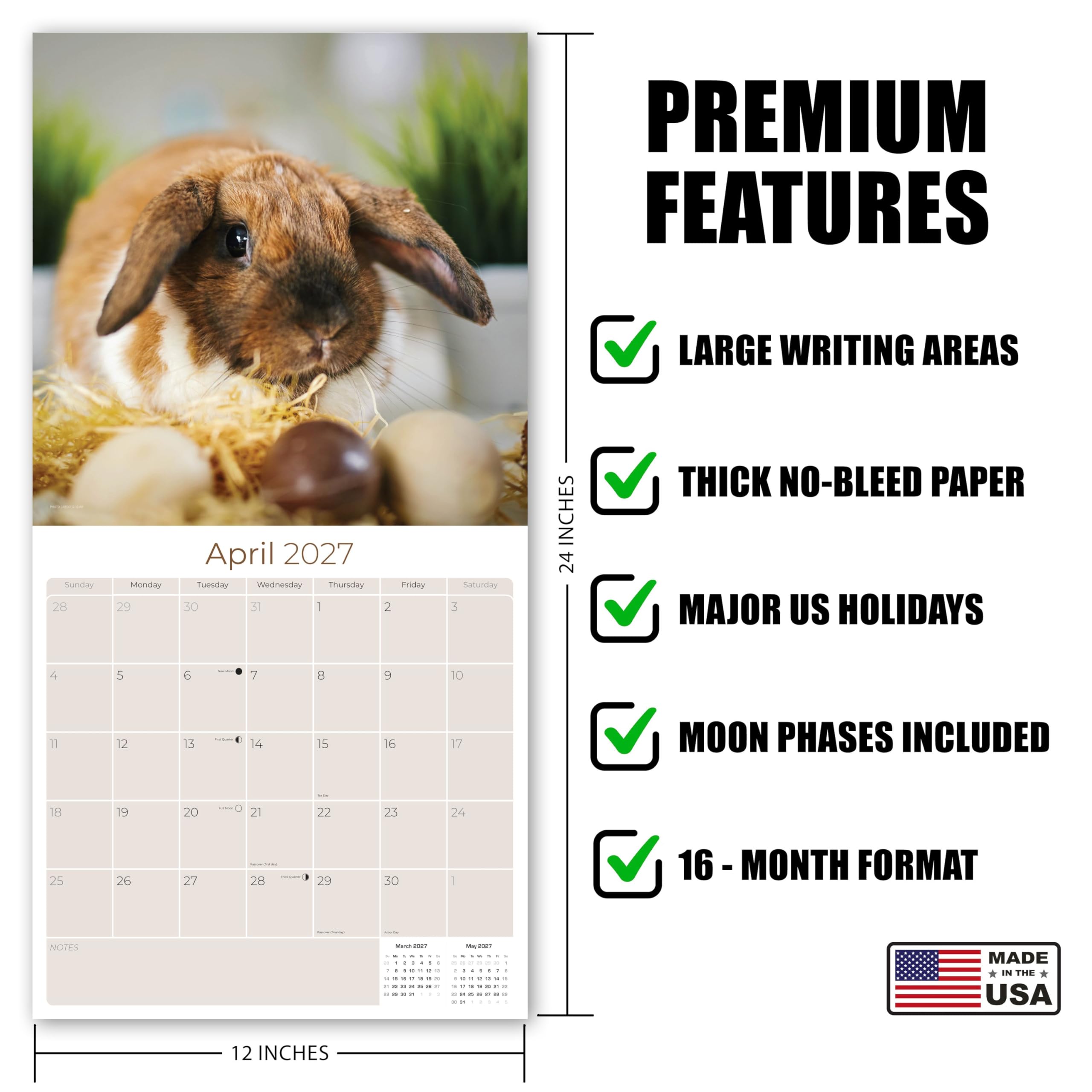 2023 2024 Lop Eared Rabbit Kalender – Niedlicher Tier-Monats-Wandkalender – 30,5 x 61 cm offen – dickes Papier ohne Blättchen – Geschenk – Akademischer Lehrerplaner Kalender Organisieren & Planen