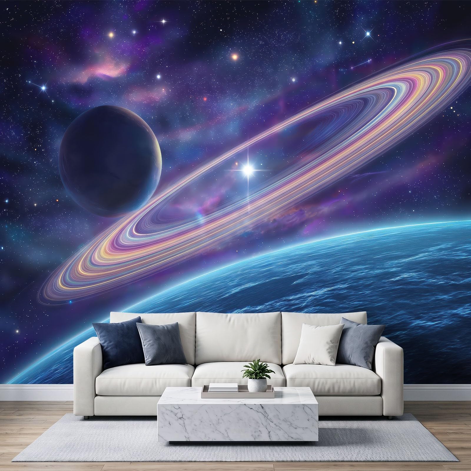 Fototapeta Science fiction, gwiaździste niebo, planeta, 500 x 280 cm, niebiesko-fioletowa, wysokiej jakości, fototapeta, sztuka ścienna 3D, dekoracja do salonu, sypialni, tło sofy