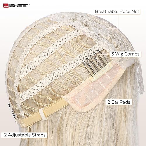 Miniatura 8 de WIGNEE Peluca larga rubia ondulada de 28 pulgadas, peluca ondulada natural 613, peluca larga rubio platino para mujer, peluca sintética con encaje