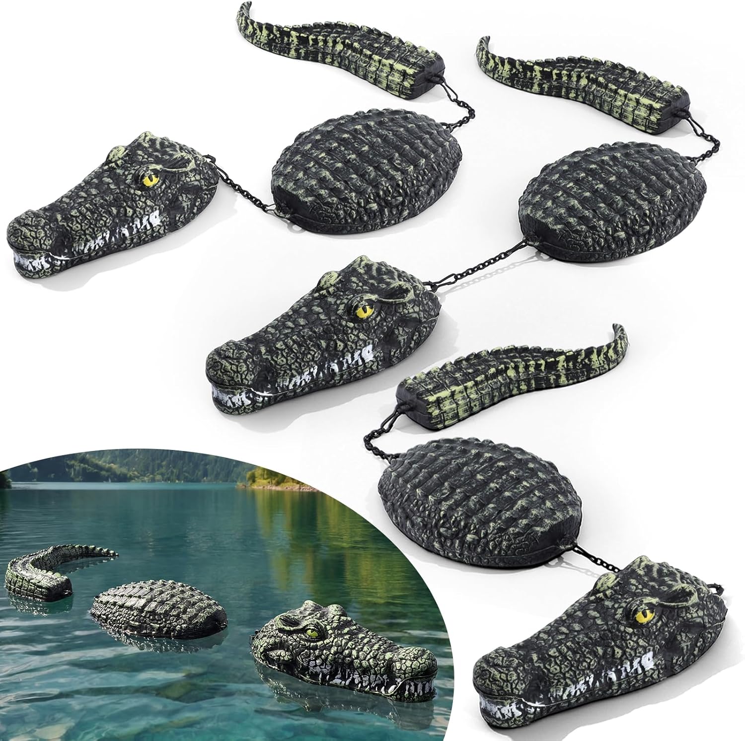 3 Pack 3-Segment Floating Alligator Decoy 31.5inch Plastic Fake Crocodile Sculpture for Pond Pool Duck Deterrents Realistic Alligator Pool Float for Yard Outdoor Garden Decoration