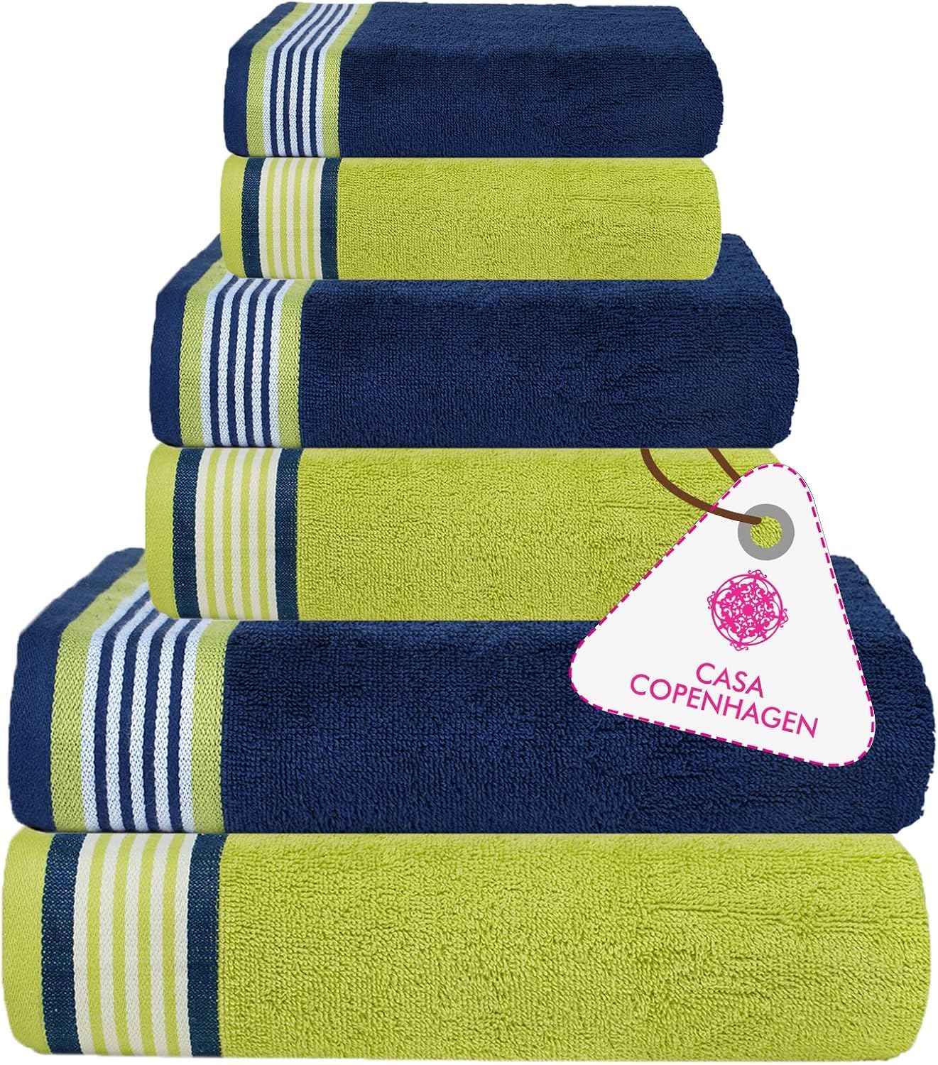 CASA COPENHAGEN He & She 6 Pieces Towel Set- California Blue + Green, 550 GSM 2 Bath Towel 2 Hand Towel 2 Washcloth, Designed in Denmark Made of Soft