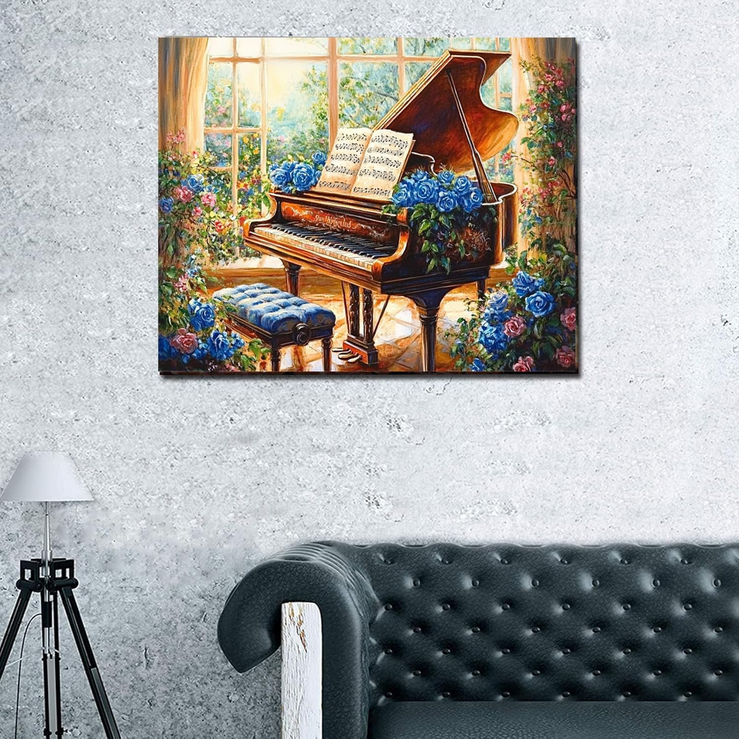 The Piano Room Covered with Blue Roses Paint by Numbers Kit for Adults Vintage Grand Piano Paint by Number on Canvas Easy to Paint With Brushes Perfect for Gift Home Decor With Frame(16x20inch)