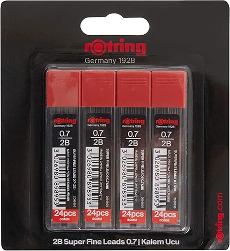 Rotring Recambios de plomo de 0.028 in 2B Super Polymer para lápices mecánicos  96 minas en total  Paquete de 4 tubos