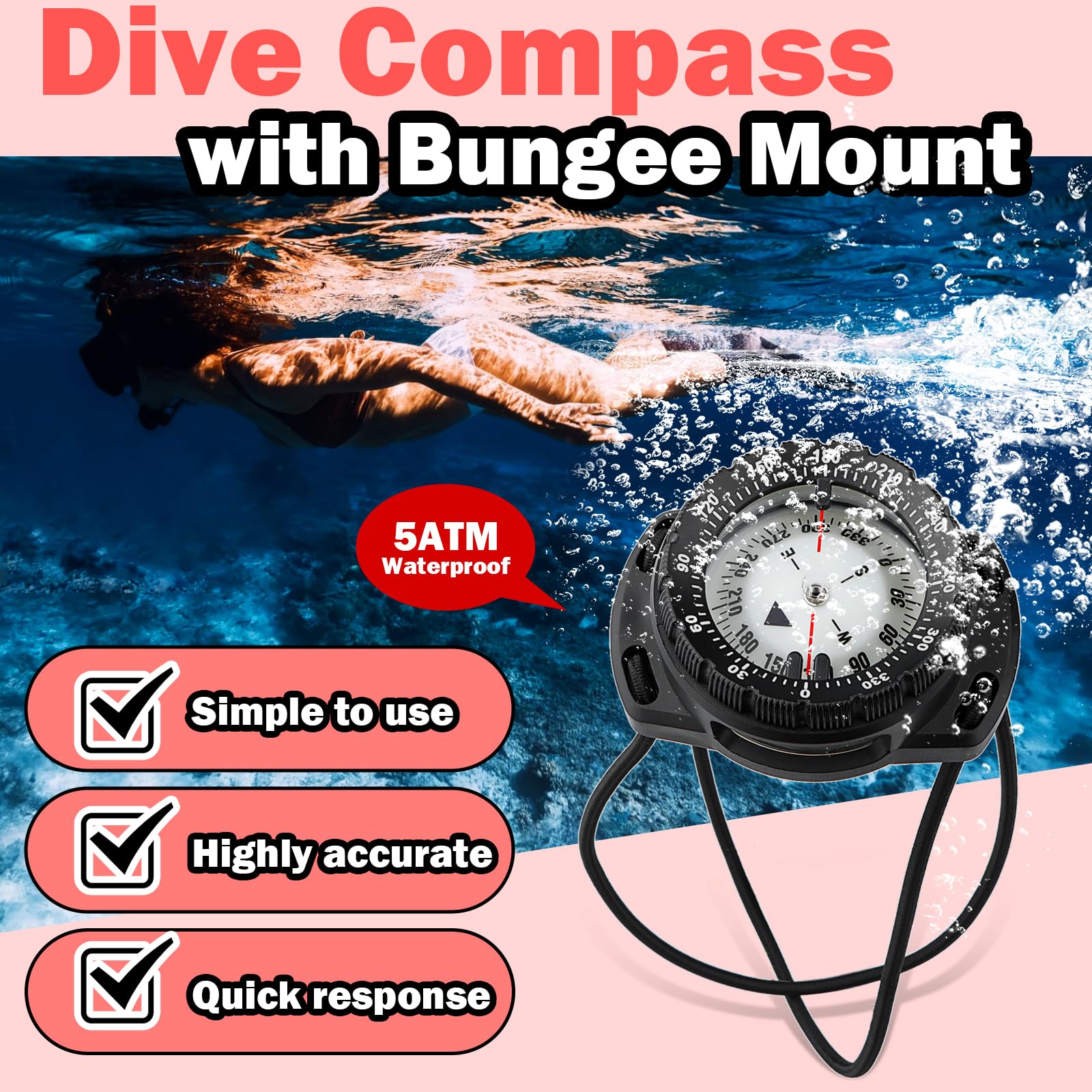 Scuba Dive Compass, Waterproof 5ATM Marine Navigation Wrist Compass with Bungee Mount and Cord, Glow in The Dark for Underwater Diving, Sailing, Camping, Kayaking, Hiking (Black)