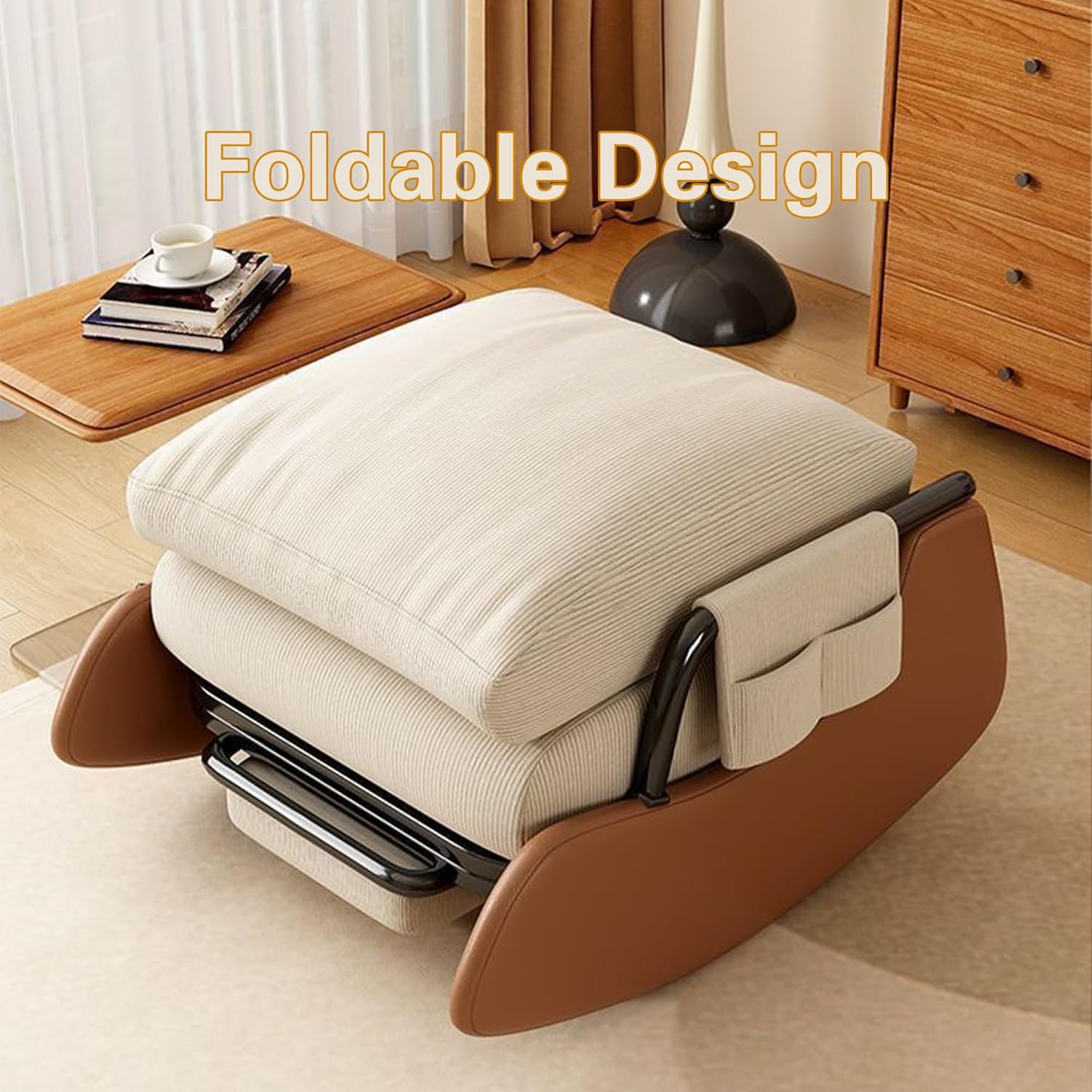 Foldable Adult Rocking Chair with Padded Plush Seat with High Backrest, Lazy Person Sofa with Footrest, Home Balcony Reading Glide Chair (White+Brown)