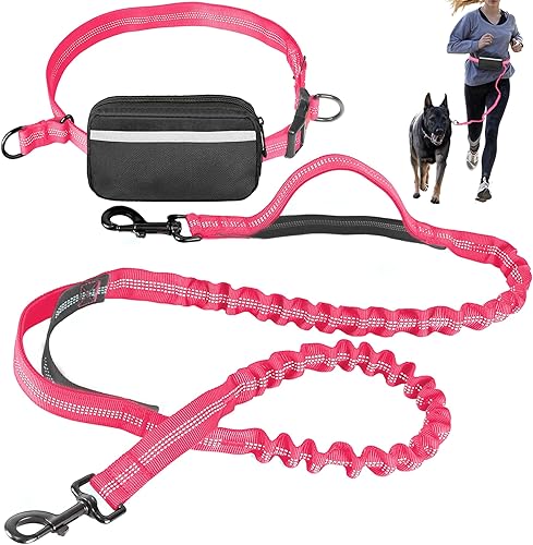 Correa de perro manos libres con cinturón  Bungee sin tirones, asas acolchadas dobles y bolsa con cremallera para correr, caminar y entrenar  Correa