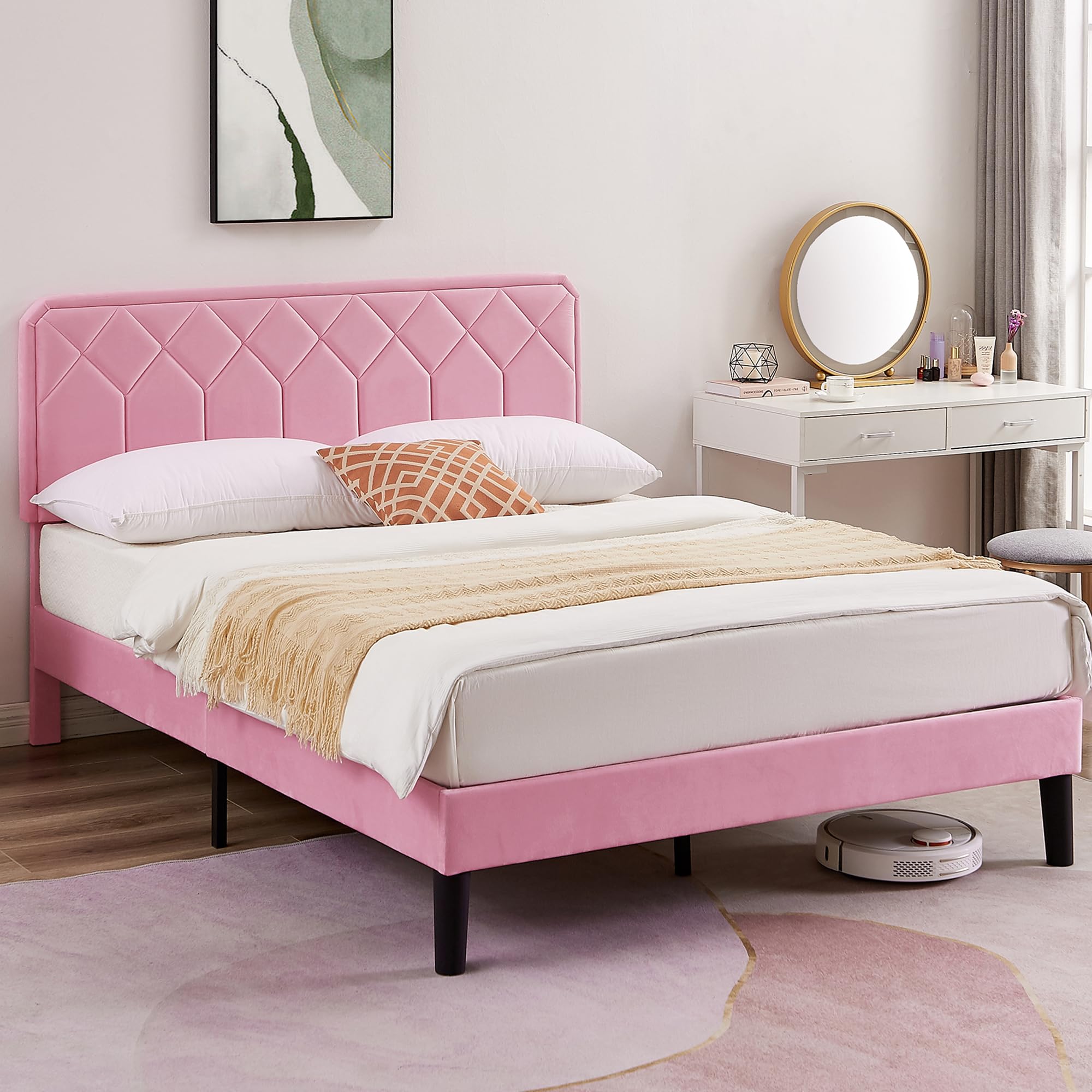 VECELO Full Size Bed Frame Premium Velvet Upholstered Platform with Height Adjustable Headboard/Mattress Foundation, Solid Wooden Slat Support, No Box Spring Needed/Easy Assembly