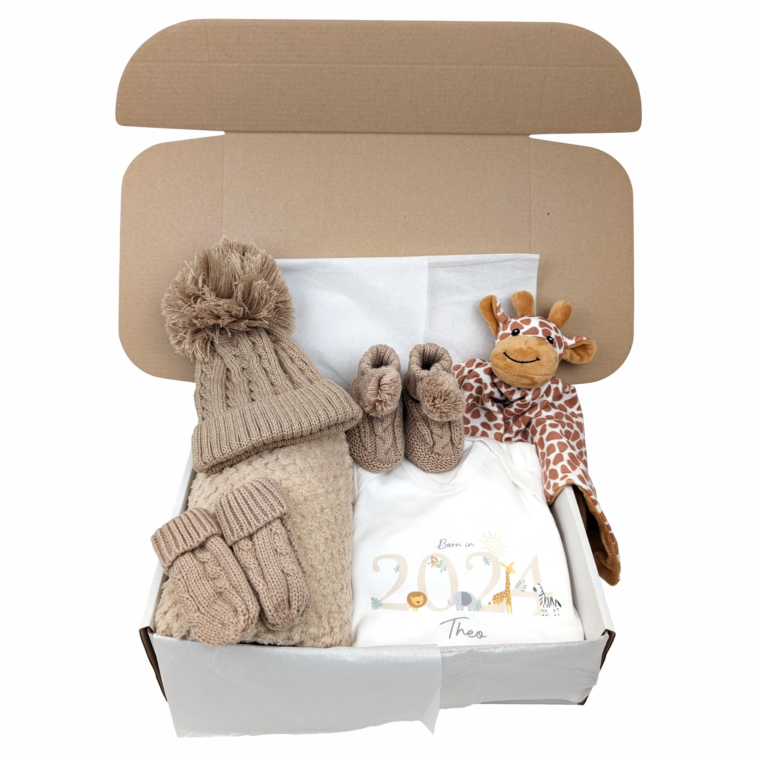 Crwban® - Cwtch Giraffe Safari Newborn Baby Gift Set - Personalised Name Born in Neutral 6 Piece Baby Box Set (3-6 Months)