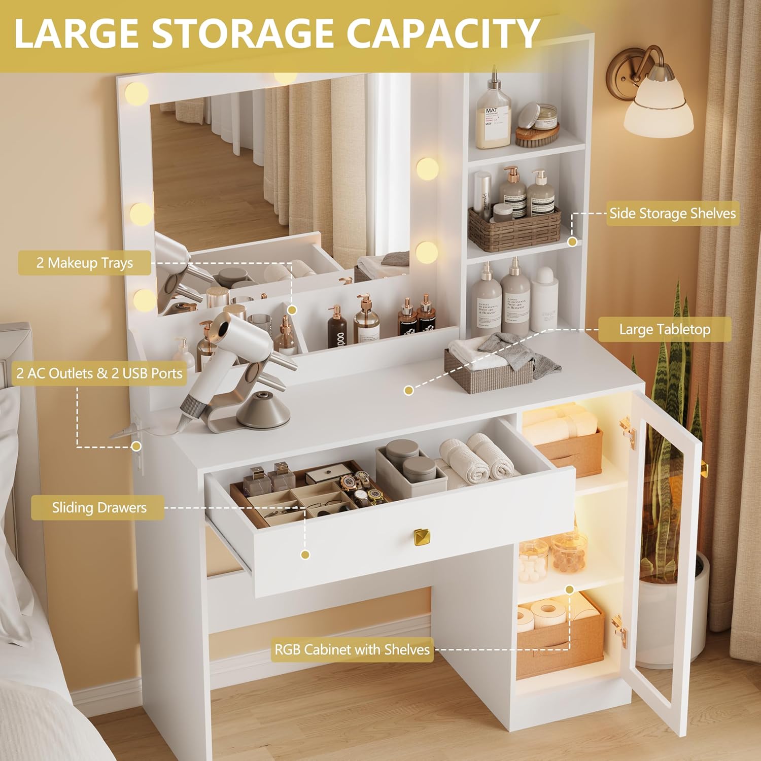 Vanity Desk with Mirror and Lights, Small Makeup Vanity Table with RGB Storage Cabinet & Power Strips & Shelves, 3 Lighting Modes & Adjustable Brightness, Dressing Table for Women Girls Bedroom, White