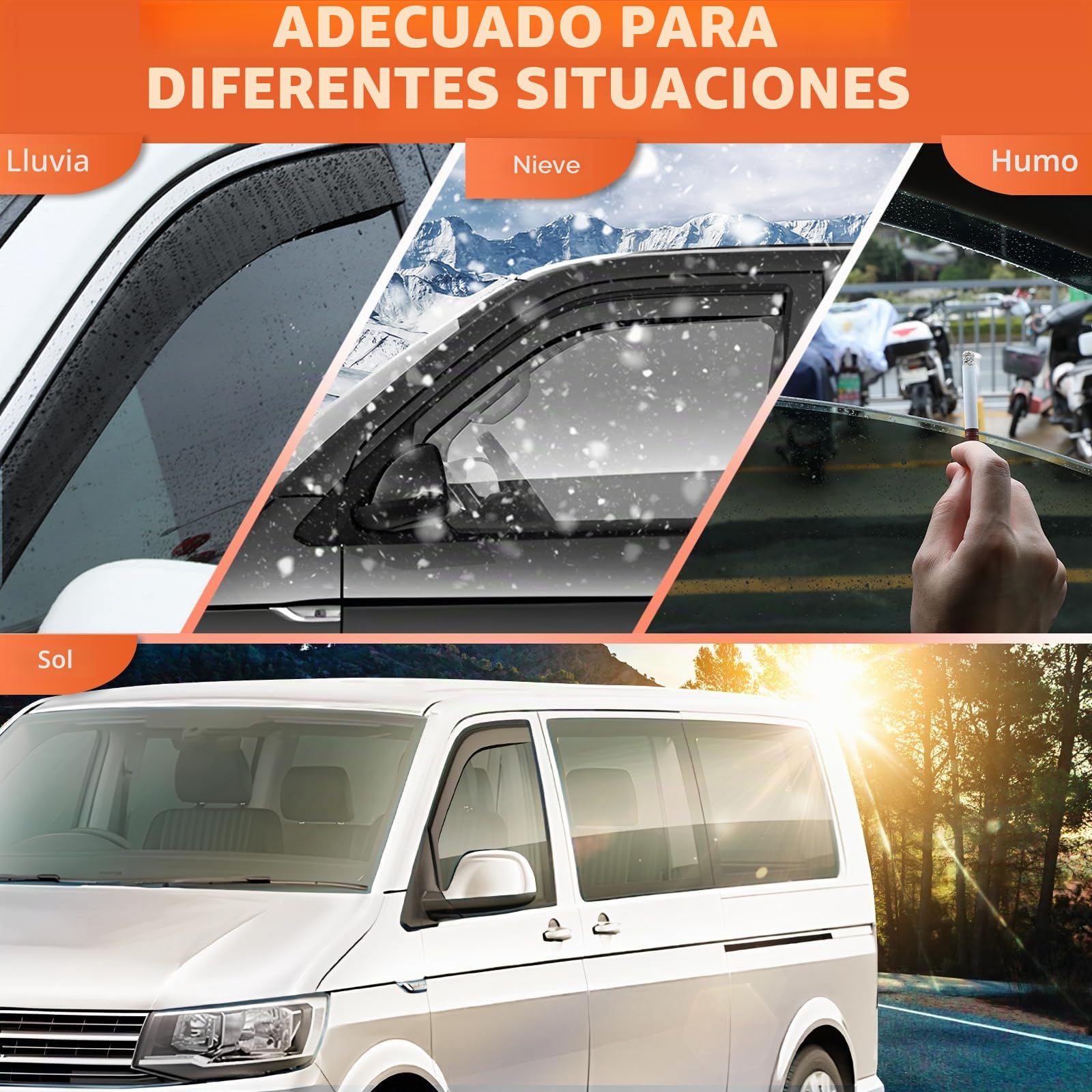 GEARMONSTER Deflectores de viento compatibles con VW T5 T6 2003 – 2024 – 2024, deflectores de lluvia integrados, deflectores de viento integrados, 2 unidades, color negro