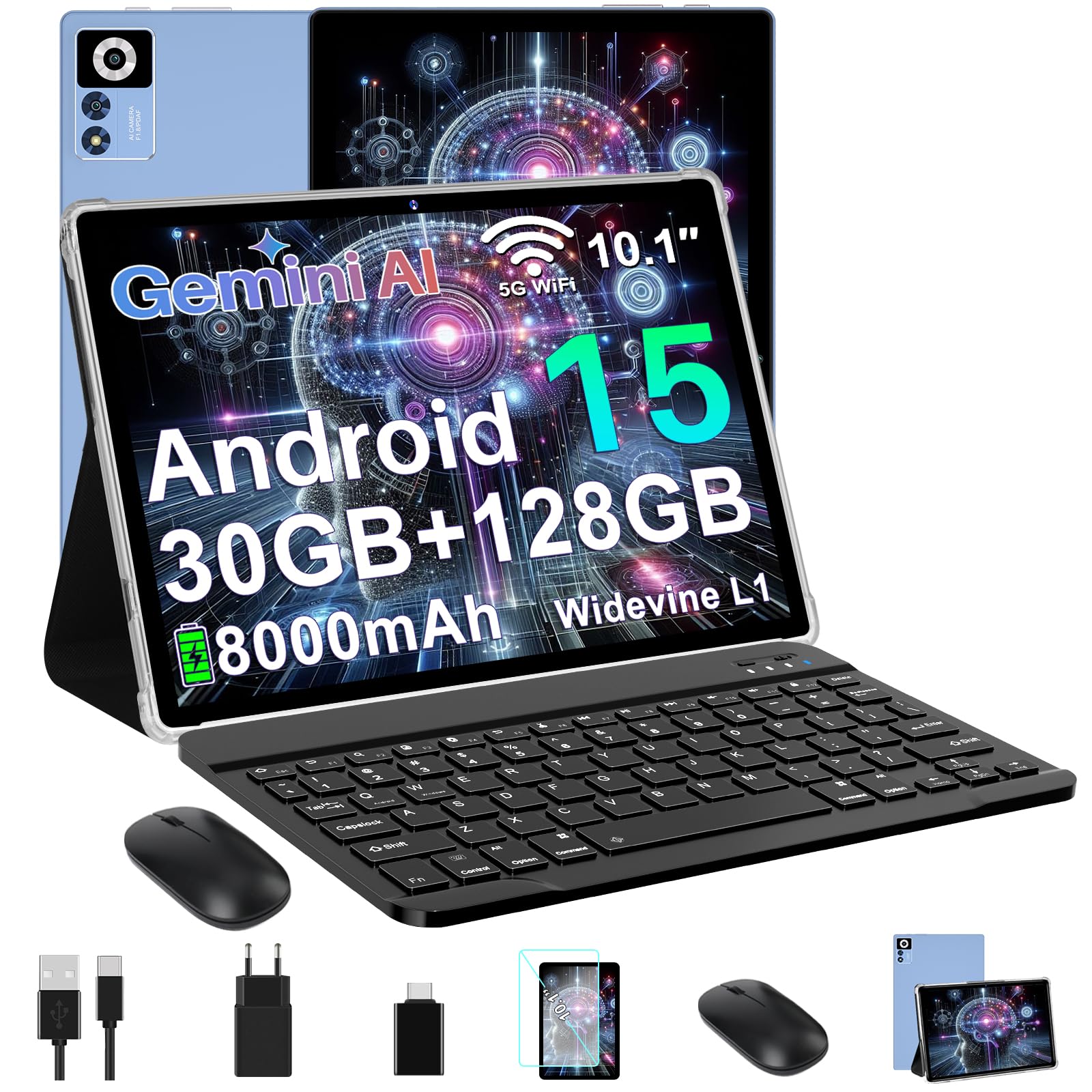 ZIOVO Tablet 10 Pollici Android 15,30GB RAM+128GB ROM(TF 1TB),5G WiFi Tablets,Octa-Core 2.0 GHz/Gemini AI/Widevine L1/8000 mAh/Bluetooth 5.0/GPS/Face ID/2 in 1 Tablet con Tastiera e Mouse-Blu