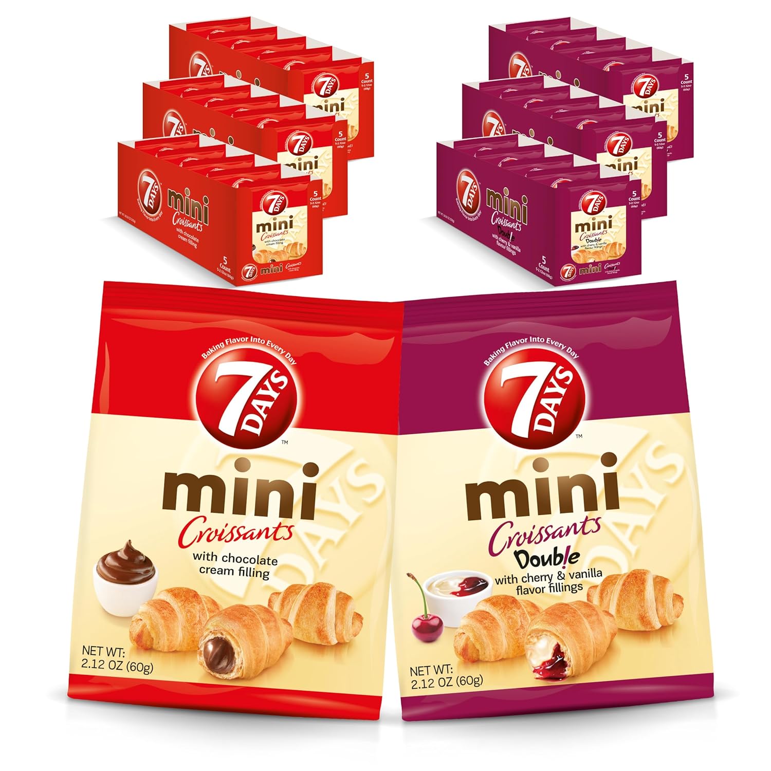 7Days Mini Croissant Pouches, 30-Count Variety: 15 Chocolate, 15 Cherry Vanilla, Individual Size Snack Bag, On The Go Bakery Snacks (2.12oz, Pack of 30)