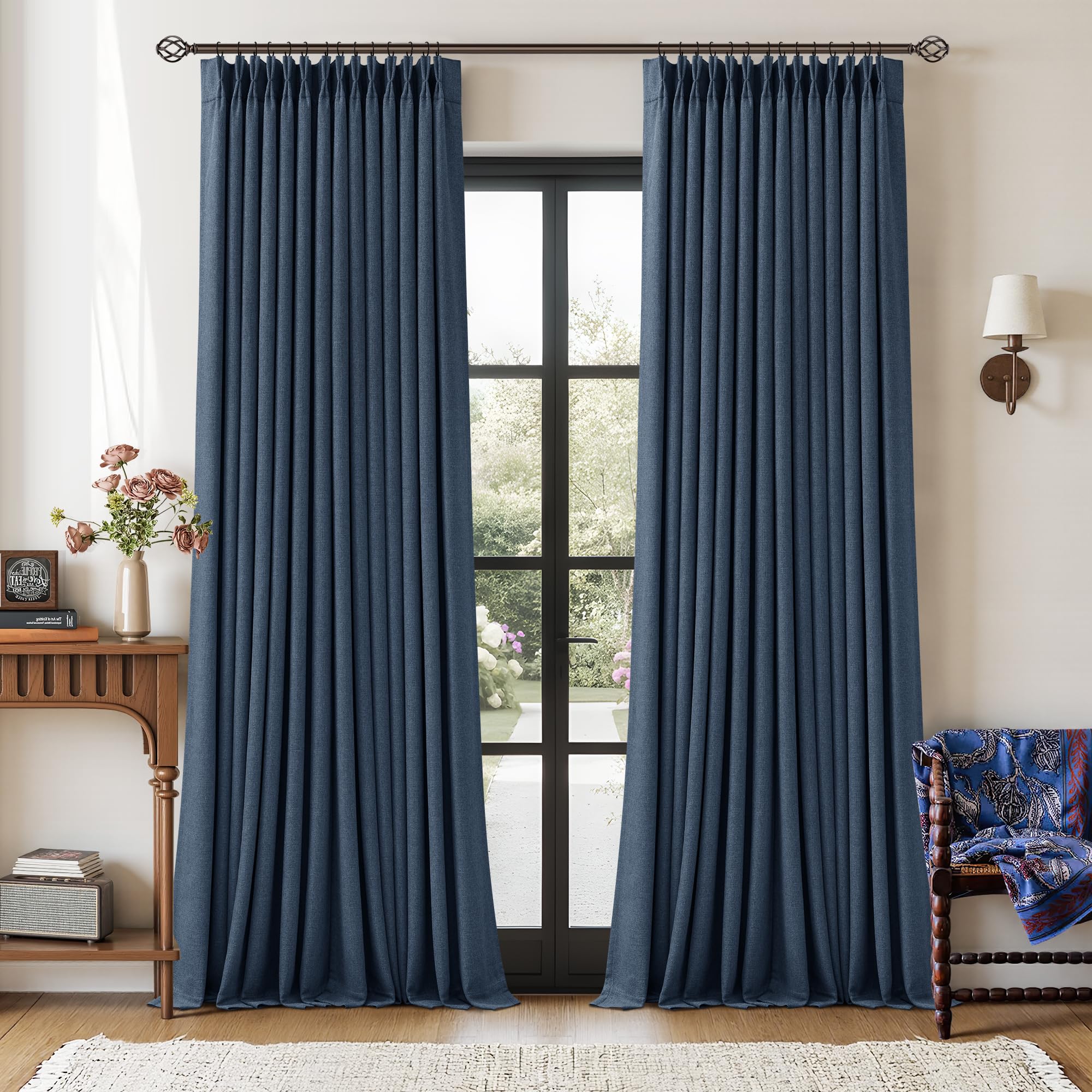Navy Blue 108 Inch Pinch Pleated Blackout Linen Bedroom Curtains 2 Panels