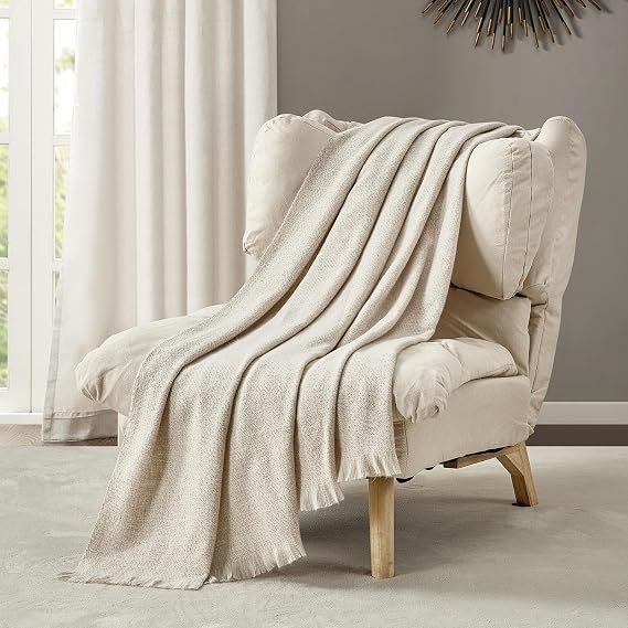 BOURINA Faux Cashmere Fringe Throw Blanket 127x178cm Beige | Lightweight fringe faux cashmere throw, soft warm cover, washable decor blanket for indoor sofa bed & outdoor travel use