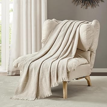 BOURINA Faux Cashmere Fringe Throw Blanket Decorative Lightweight Throw Soft Cozy for Bed or Sofa Outdoor Blanket, 50x70 Inches Beige