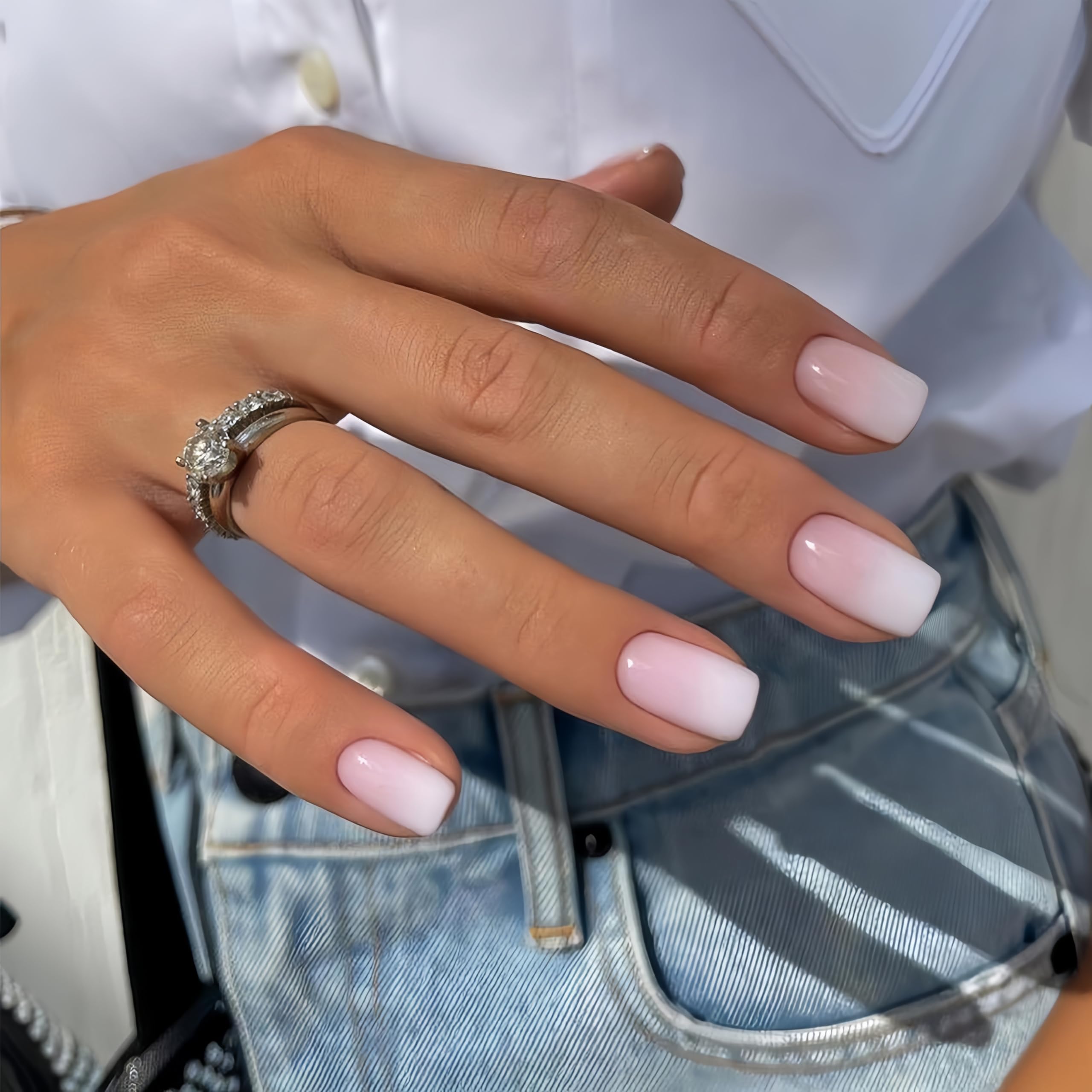 SXVME Ombre French False Nails Short Medium Square, French Press on Nails Short Medium, Gradient Pink Fake Nails Short - Image 2