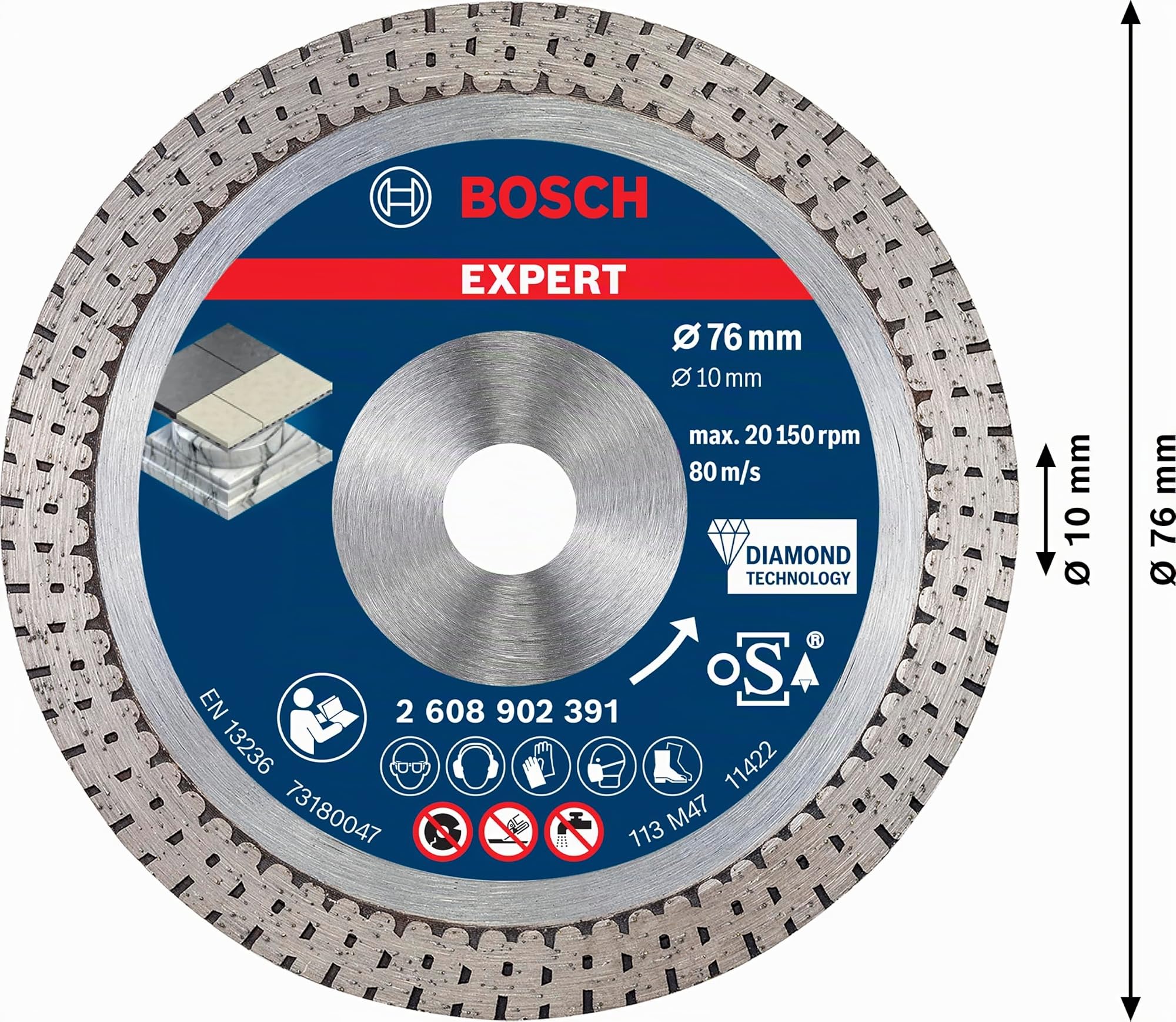 Bosch 1 disque à tronçonner diamanté EXPERT Hard Ceramic, alésage 10 mm (pour carrelage dur, pierre dure, Ø 76 mm, accessoires professionnels mini meuleuse d'angle)