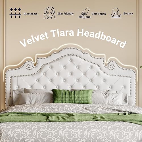 Miniatura 6 de Allewie Base de cama de tamaño matrimonial con cabecera de tiara de terciopelo ajustable, cama tapizada con botones de diamante, soporte de listones