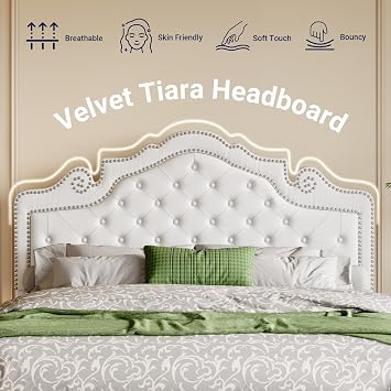 Allewie Queen Bed Frame with Adjustable Velvet Tiara Headboard, Upholstered Diamond Button Tufted Platform Bed, Wood Slats Support, No Box Spring Needed, Mattress Foundation, Easy Assembly, White