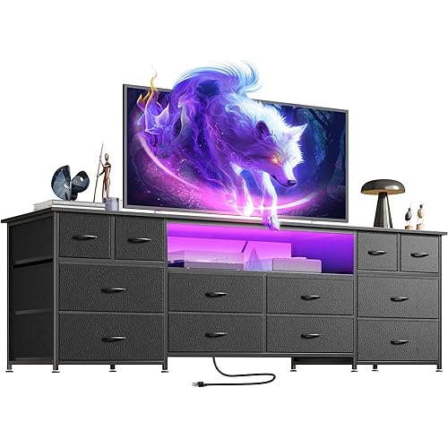 Huuger 63 Inch Dresser TV Stand with LED Lights, Power Outlets and USB-C Port, 12 Fabric Drawer Dresser for Bedroom, Wide Entertainment Center for 65, 70 Inch TV, Open Shelf, Black