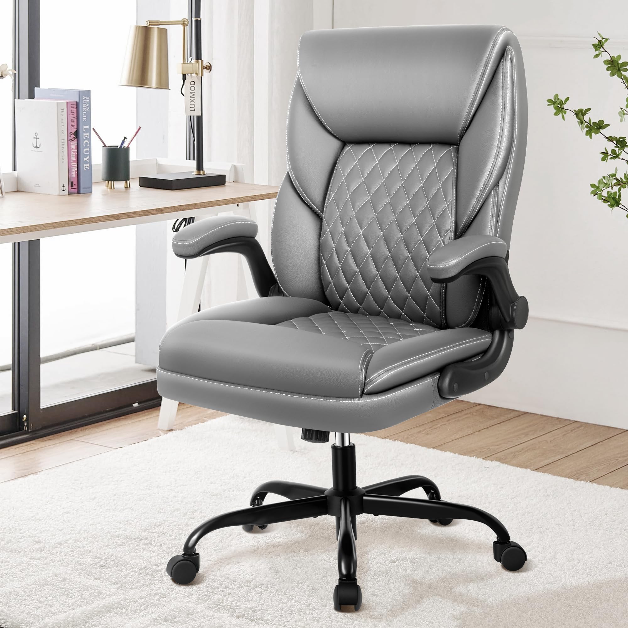 DoChair Silla Escritorio Cuero PU, Silla Oficina Ejecutiva Ergonómica con Función Balancín Regulable en Altura Silla de Escritorio 150KG, Gris
