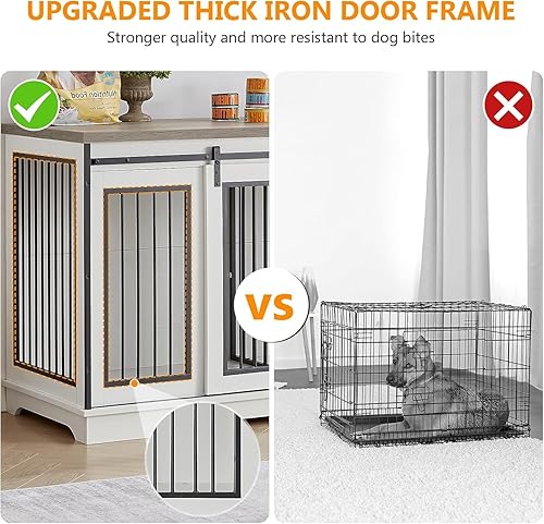 Miniatura 39 de Mueble doble para perros de 75 pulgadas, jaula 3 en 1 para perros grandes, soporte de TV gris duradero con bandejas y divisor, perrera doble