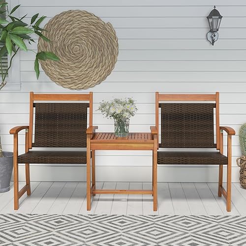 Miniatura 3 de HAPPYGRILL Juego de sofá biplaza de madera de acacia con mesa auxiliar, 3 en 1, silla de banco de mimbre de ratán con agujero para sombrilla para