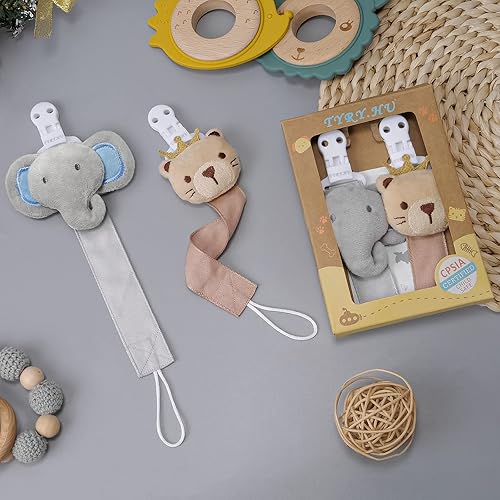 Miniatura 7 de TYRY.HU Correa suave para chupete para bebés, niñas y niños, paquete de 2, A Elefante gris, oso caqui