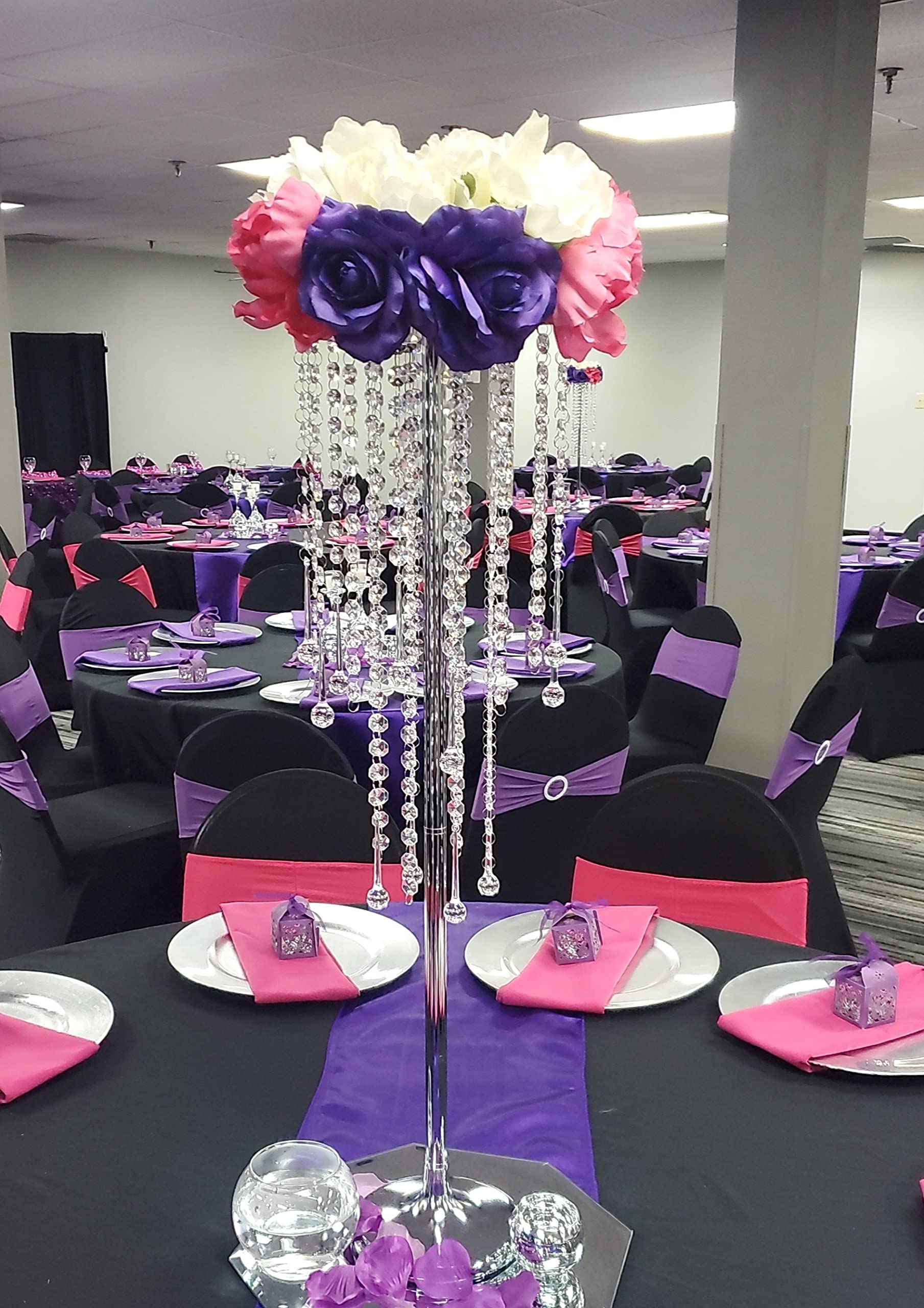 Soporte central de boda de 21.6 pulgadas, jarrón de metal plateado con cristal de 2 piezas encantador portavelas para mesas de recepción, decoración de bodas, aniversarios, fiestas 8