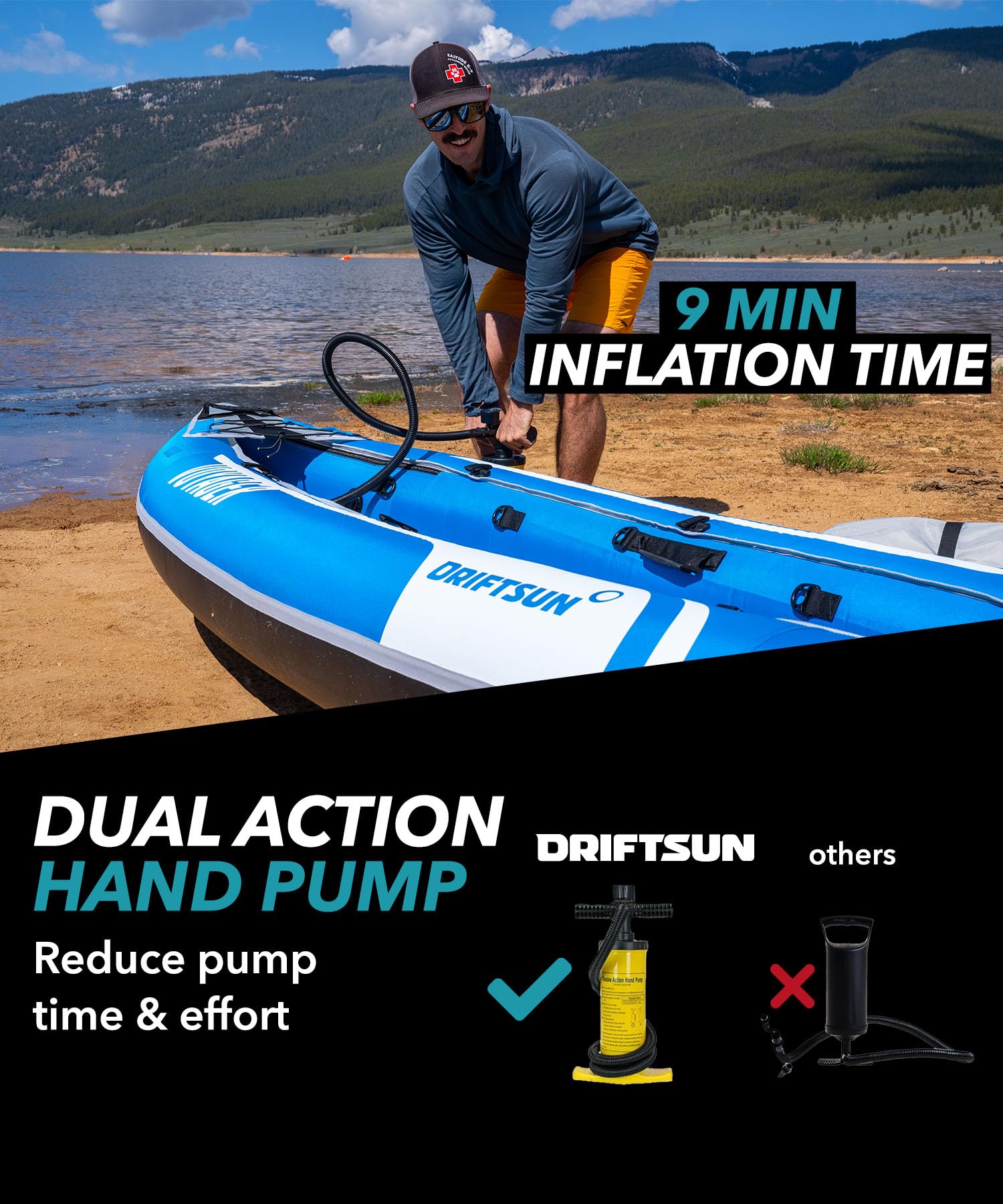 Driftsun Voyager Kayak gonfiabile per 2 persone, completo di tutti gli accessori, 2 pagaie, 2 posti pompa a doppia azione e altro ancora