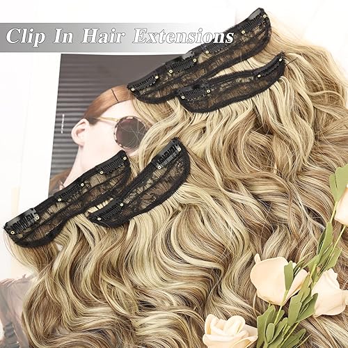 Miniatura 4 de Extensiones de cabello con clip, 4 piezas de extensiones de cabello grueso de doble trama de 20 pulgadas para mujer, extensiones de cabello rubio