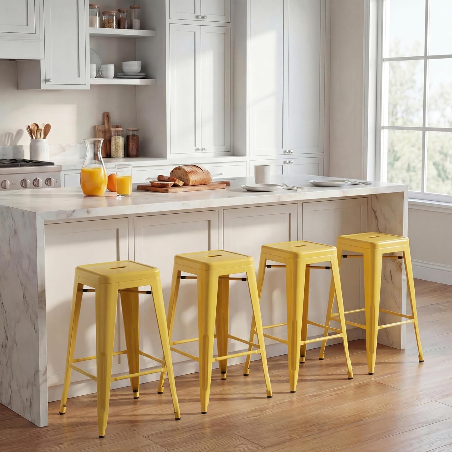 Shahoo 24 Inches Metal Bar Stools Counter Height Stackable Backless Stools, Industrial Patio Stools Indoor Outdoor Metal Kitchen Stools Set of 4 (Yellow, 24'')