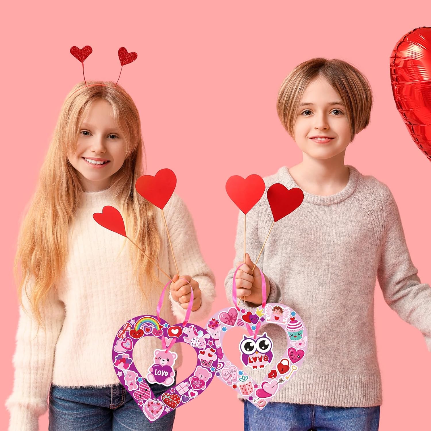 DoubleFill 24 Sets Valentine's Day Crafts Kit Make Your Own Heart Wreath Ornaments Valentines DIY Card Cute Stickers Bulk Valentine Craft Hanging Decor for Home Classroom Art Activity Gift Exchange