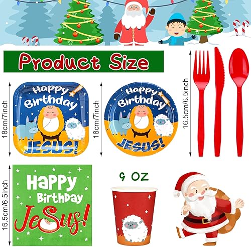 Miniatura 2 de Juego de 175 platos y servilletas de Navidad para 25 invitados, feliz cumpleaños, Jesús, vajilla desechable de Navidad, incluye platos, servilletas,