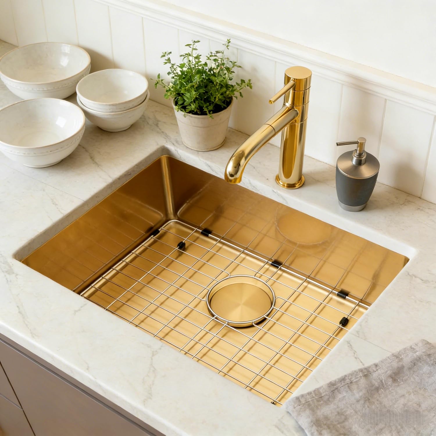 MILOSEN Gold Kitchen Sink, 23x18 inch Gold Undermount Kitchen Sinks, 16 Gauge T304 Stainless Steel Laundry Sinks with Custom Accessories, Deep Single Bowl Utility Sink with Bottom Grid
