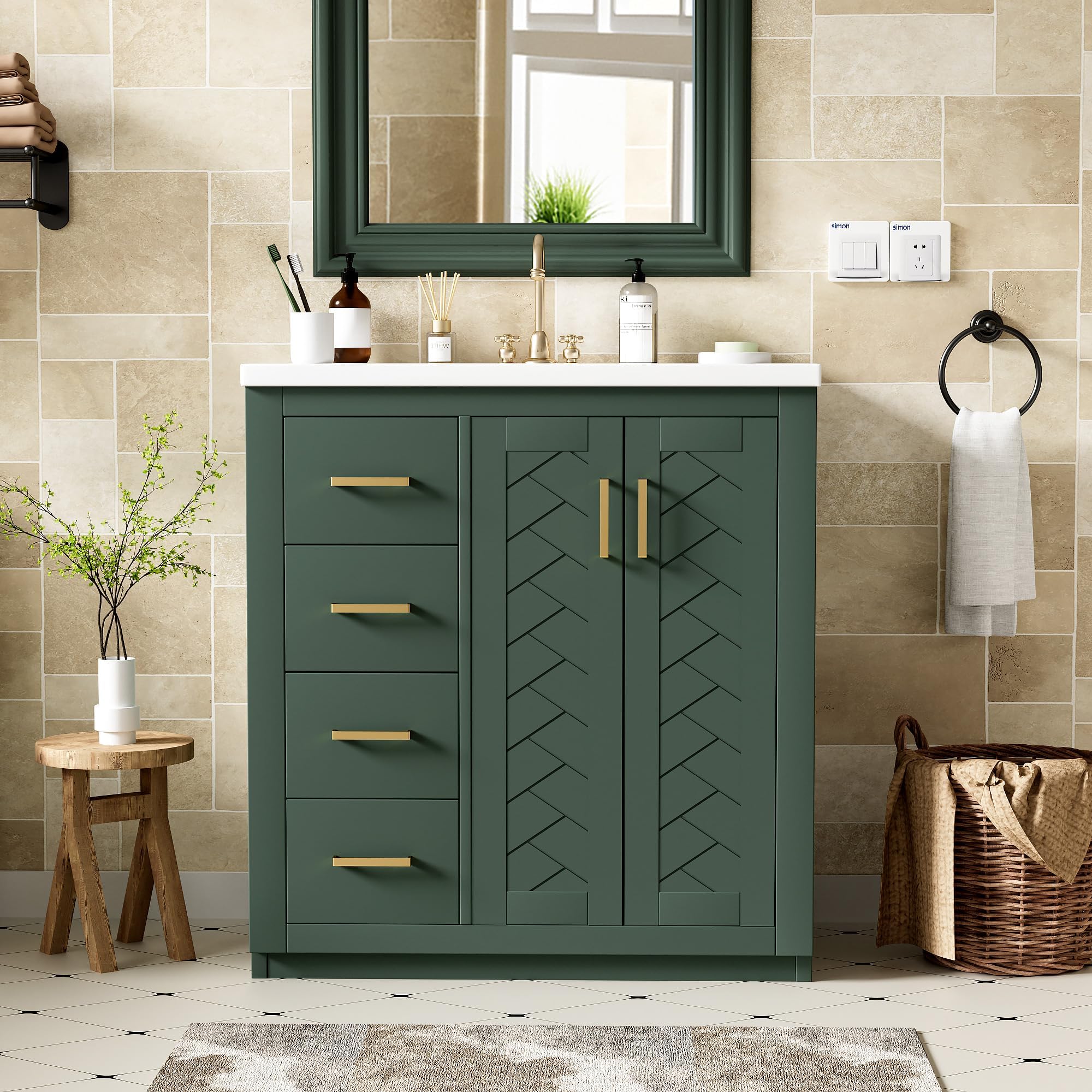 Favfurish 30" Modern Bathroom Vanity with Ceramic Sink Combo, Solid Wood Frame Freestanding Storage Cabinet w/Soft Closing Doors & 3 Drawers, Undermount Single Basin Bath Vanity Set, Green