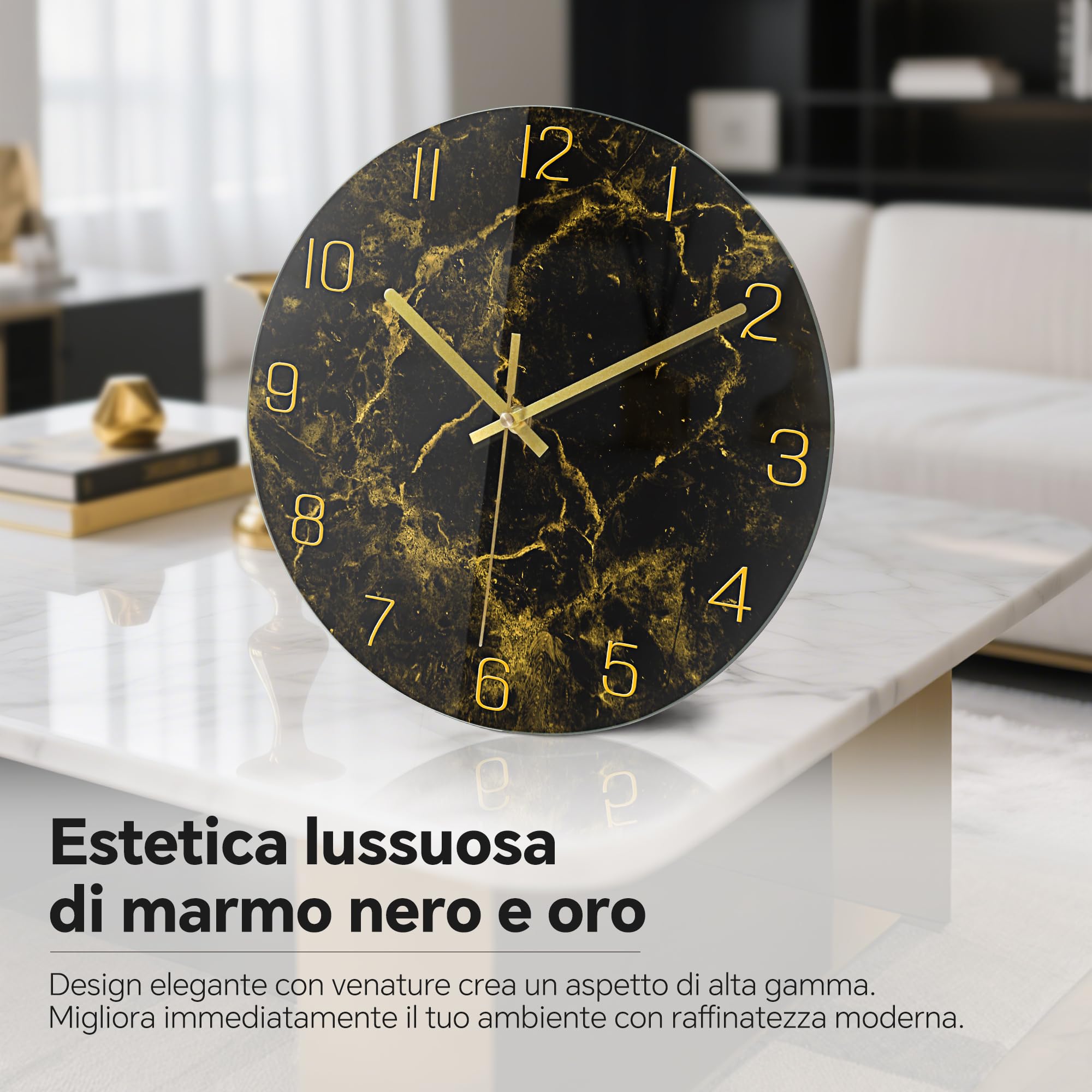 VIKMARI Orologio da Parete Moderno con Texture Marmorea Nero Oro da 30 cm Silenzioso Non Ticchettante a Batteria Orologi a Quarzo Decorazione Rustica per Cucina Camera da Letto Salotto e Ufficio