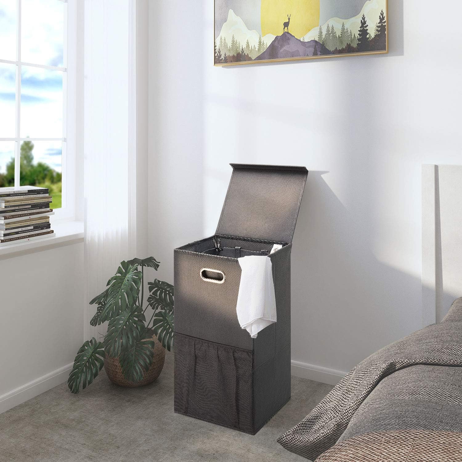 GREENSTELL Laundry Hamper with Lid and Handles, Foldable Laundry Basket with Mesh Pockets, Easy Movement Clothes Laundry Basket for Bedrooms, Laundry Room and Balconies (1 Pack Dark Gray)