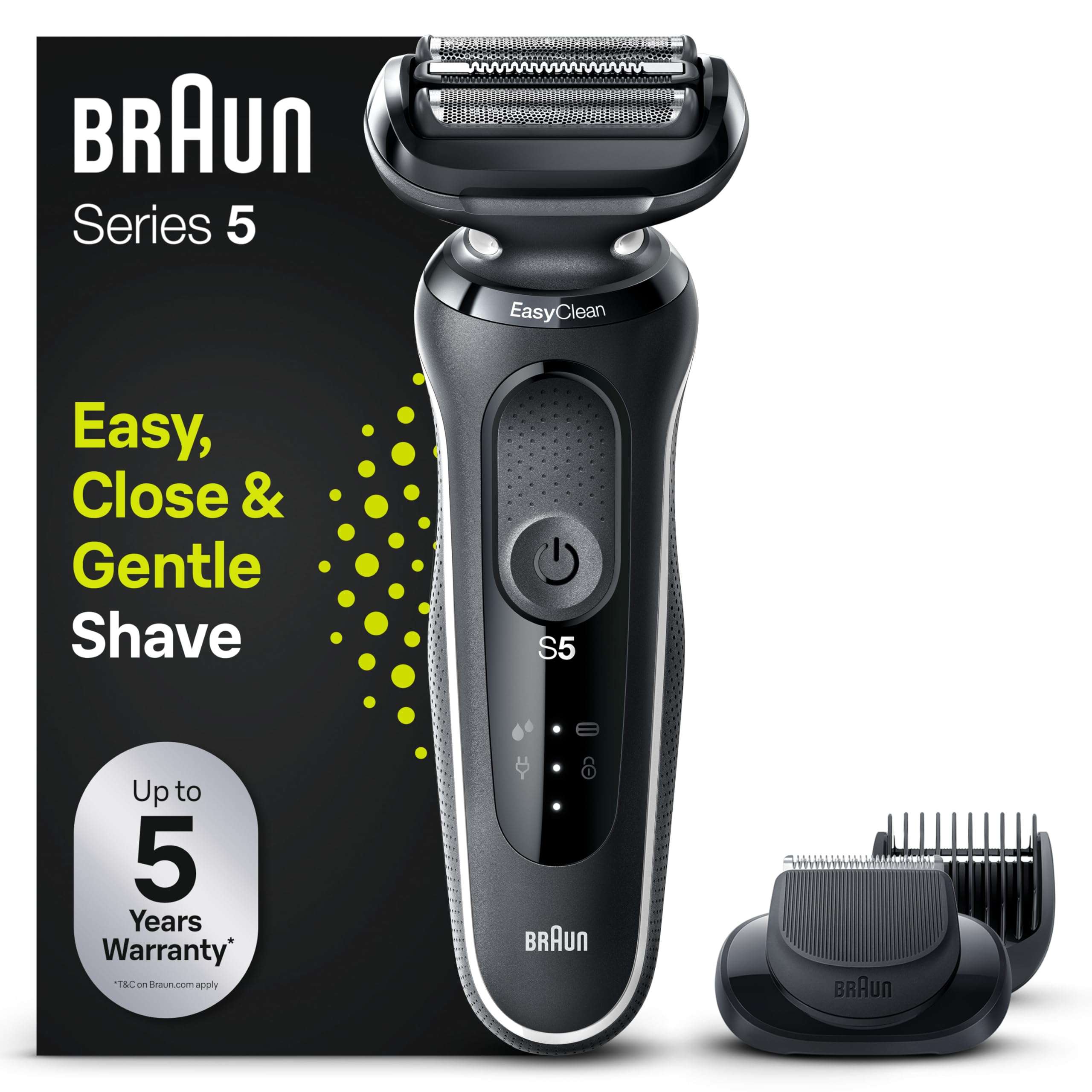 Braun Series 5 Afeitadora Eléctrica Hombre, Máquina de Afeitar Barba con EasyClick, EasyClean, Uso En Seco Y En Mojado, Recargable, Inalámbrica, 51-W1500s, Blanco GreenCircle Certified: Certified Energy Savings